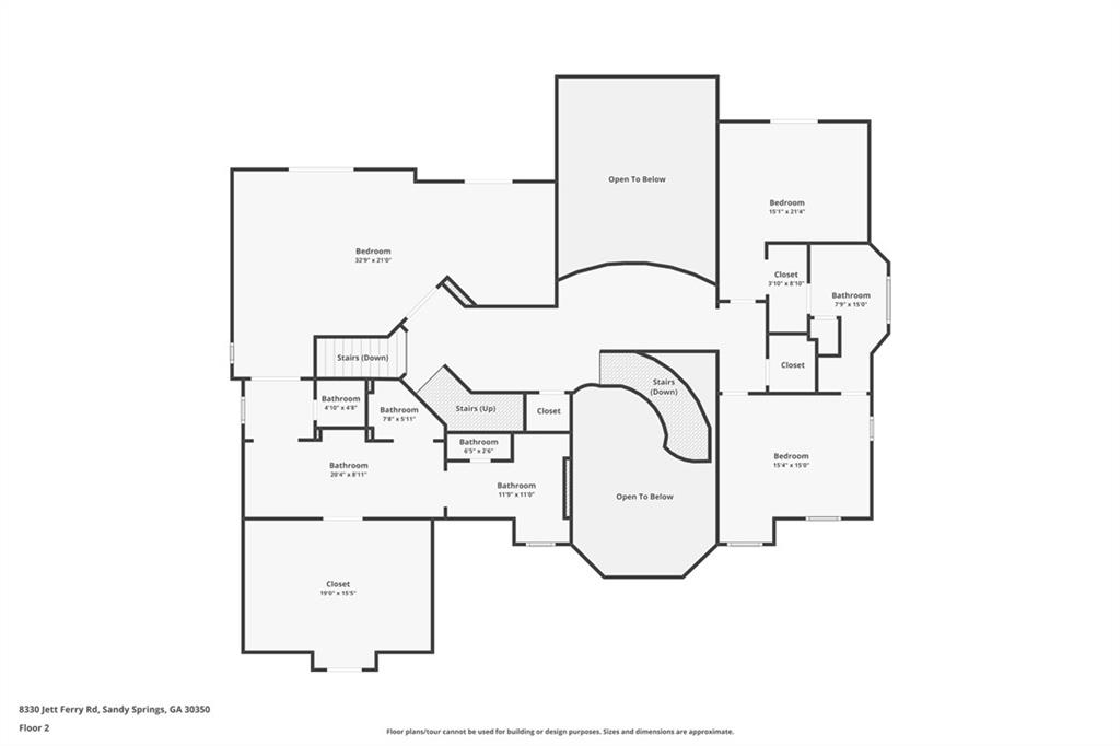 Second-floor plan with bedrooms, bathrooms, closets, stairs, and open-to-below areas.