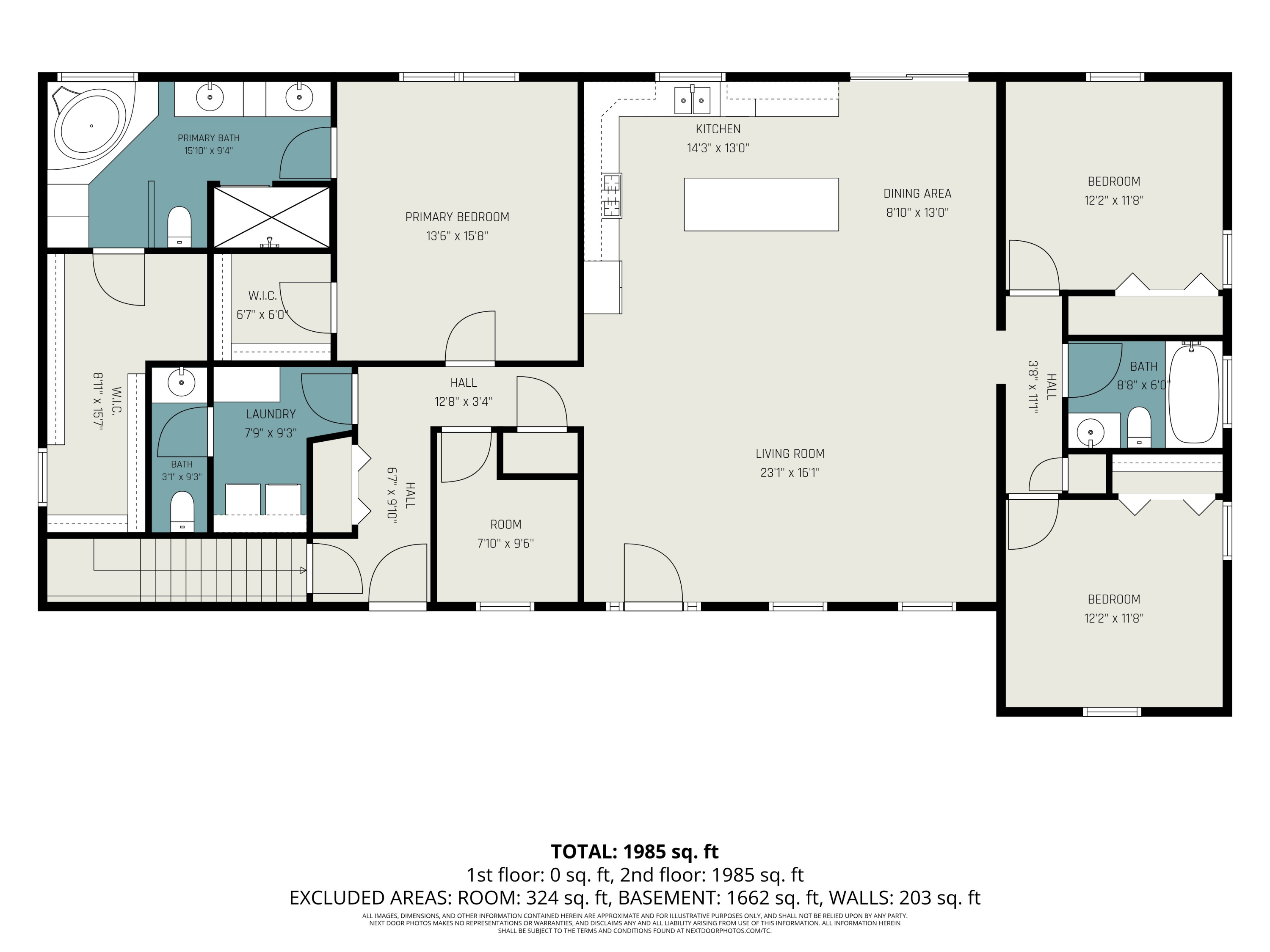 Second-floor plan showing three bedrooms, two bathrooms, kitchen, dining and living areas, and laundry.