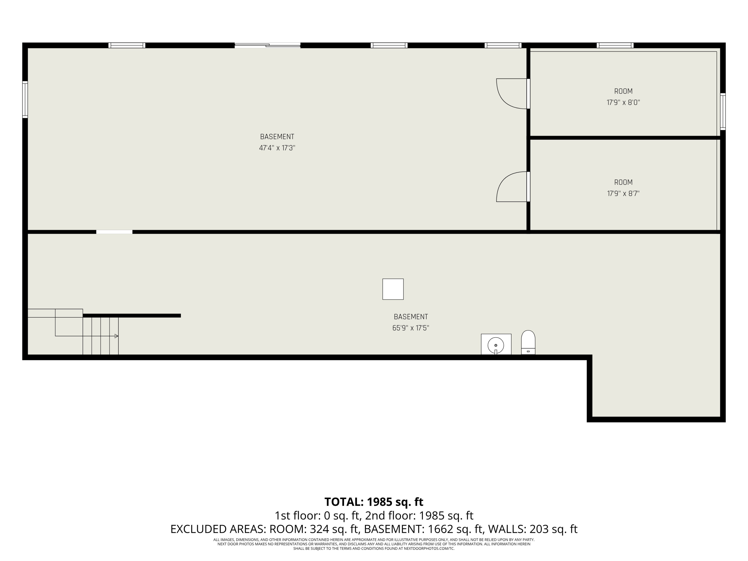 Basement floor plan with two rooms, stairs, and labeled dimensions.