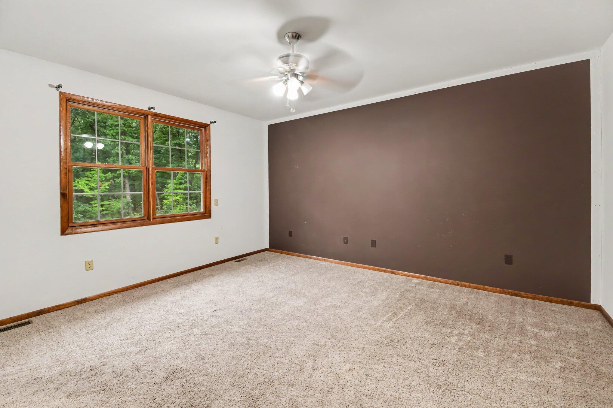 Empty carpeted bedroom with a brown accent wall, wood-trimmed windows, and ceiling fan.