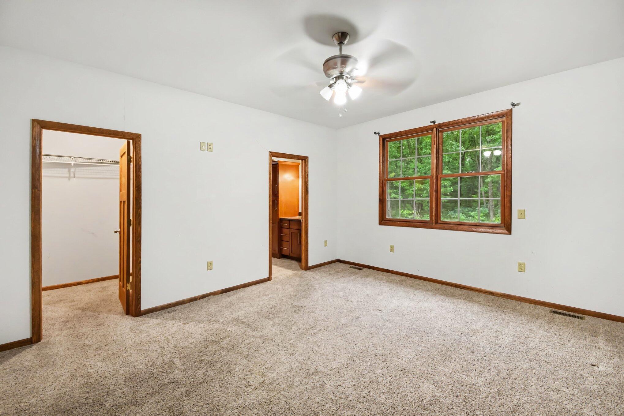 Empty carpeted bedroom with wood trim, a ceiling fan, leafy window views, and an open closet.