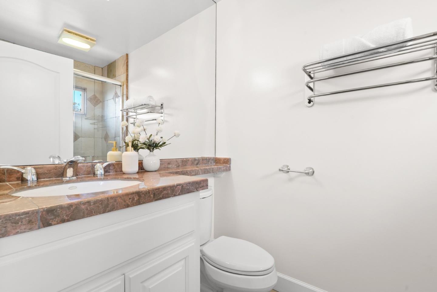 Bathroom with a brown marble vanity, white sink, toilet, and glass-enclosed shower.