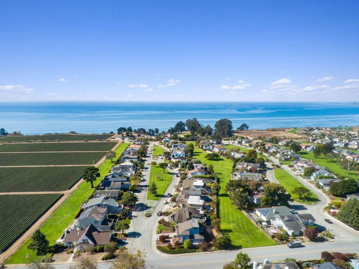 Aptos coastal neighborhood beside the Pacific Ocean, with green lawns and cultivated fields.