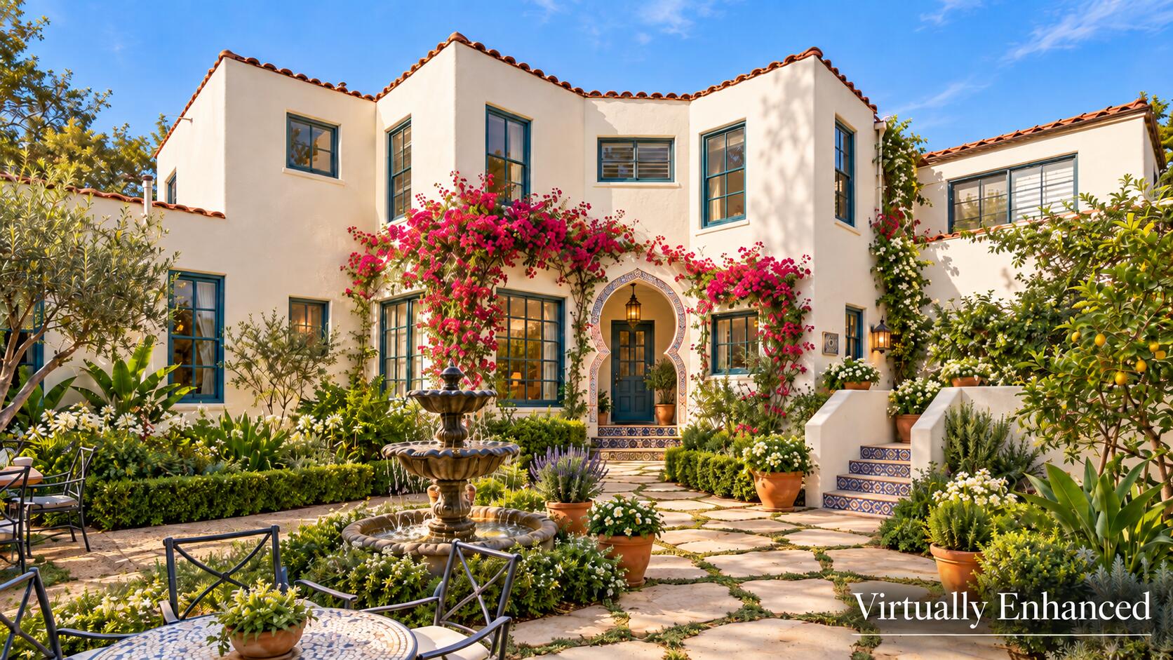 White Spanish-style home with a tiled entry arch, flowering bougainvillea, fountain, and lush courtyard garden.