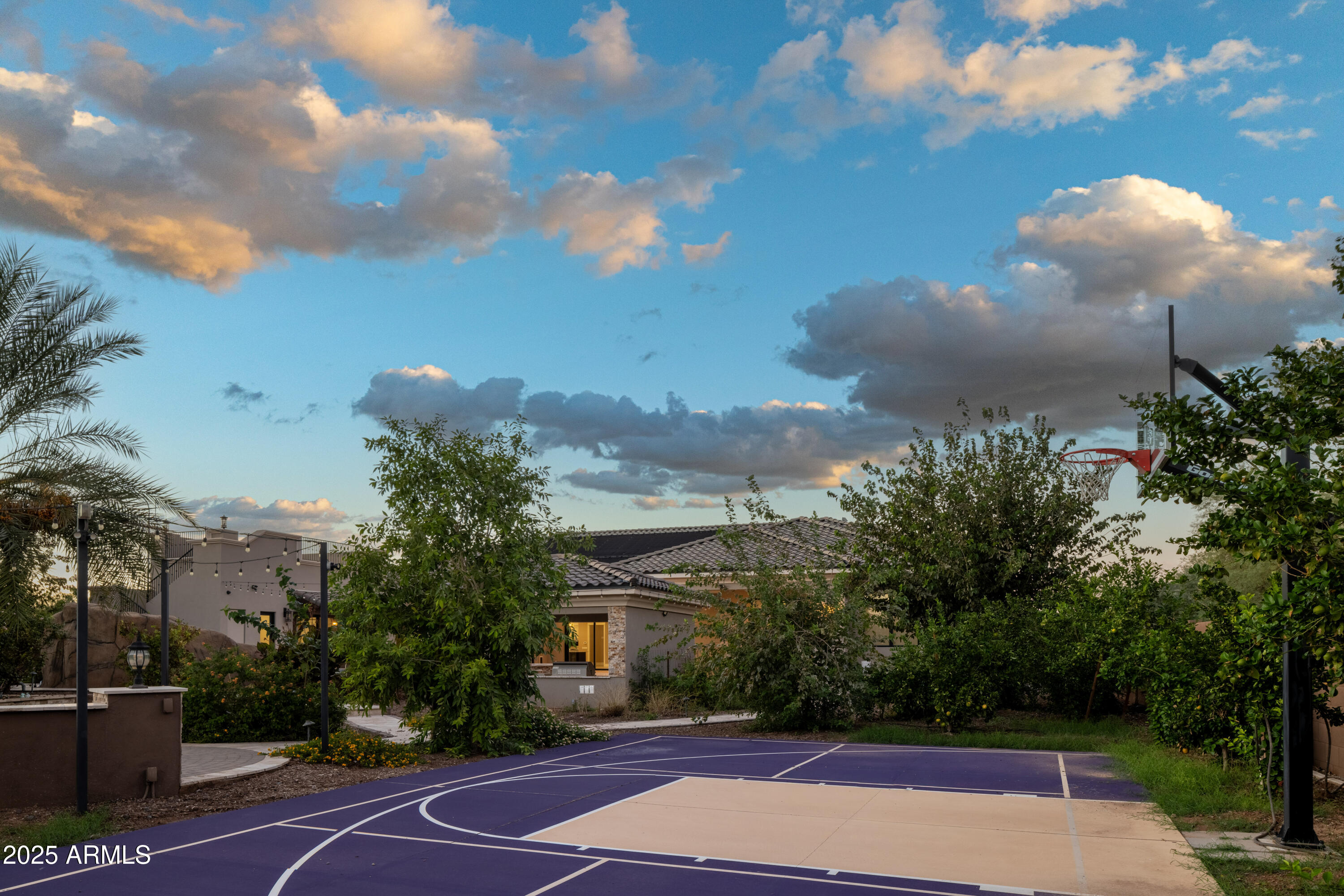 Backyard basketball court with a hoop, mature trees, and a single-story home in the background.