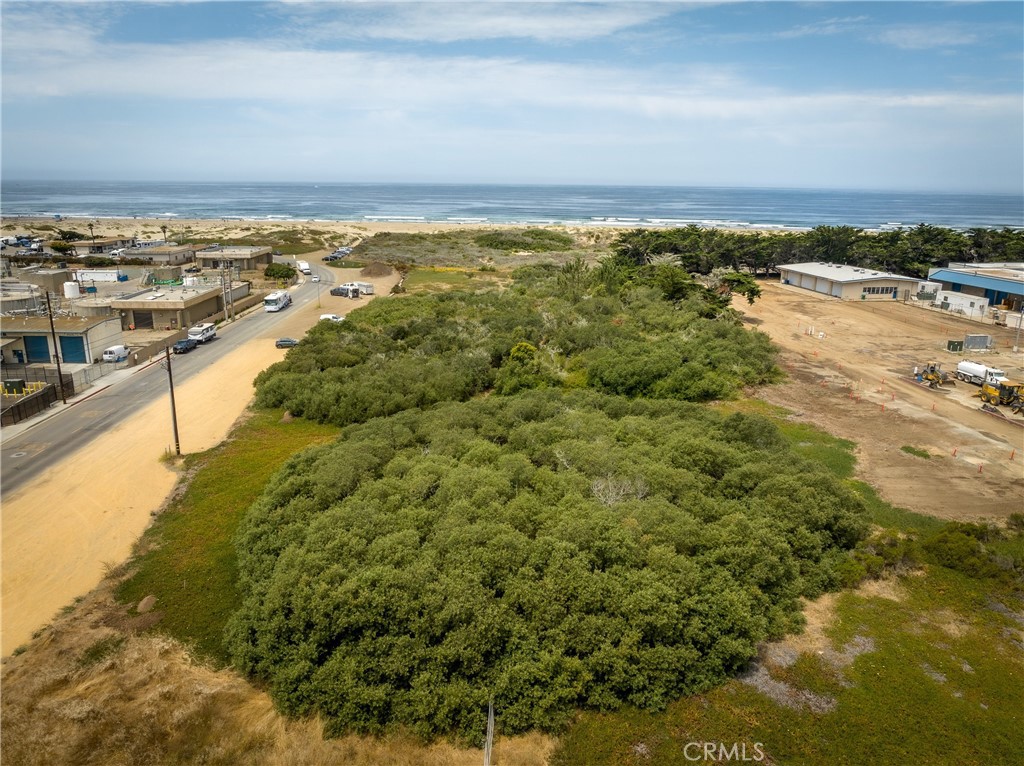 Brush-covered vacant land beside a road, with the Pacific Ocean and sandy shoreline beyond.
