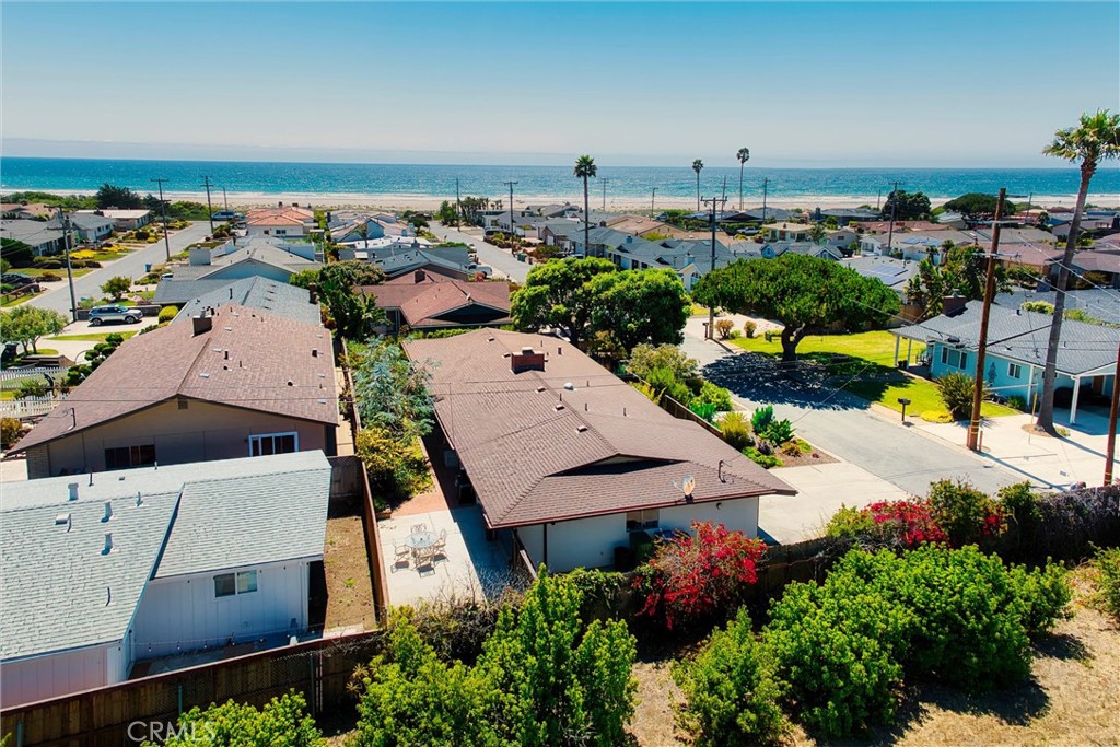 Coastal homes with palm trees and the Pacific Ocean beyond, seen from above.