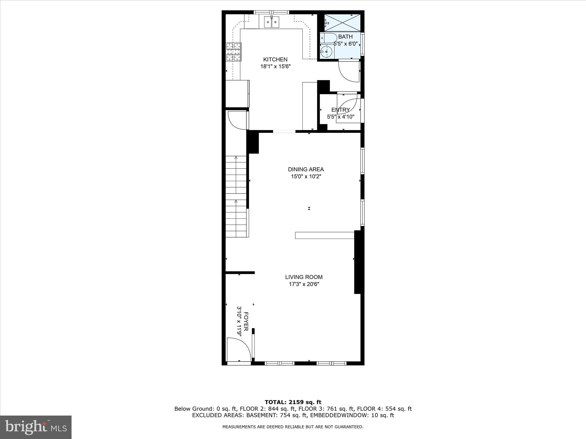 Floor plan showing the kitchen, bath, entry, dining area, living room, foyer, and staircase.