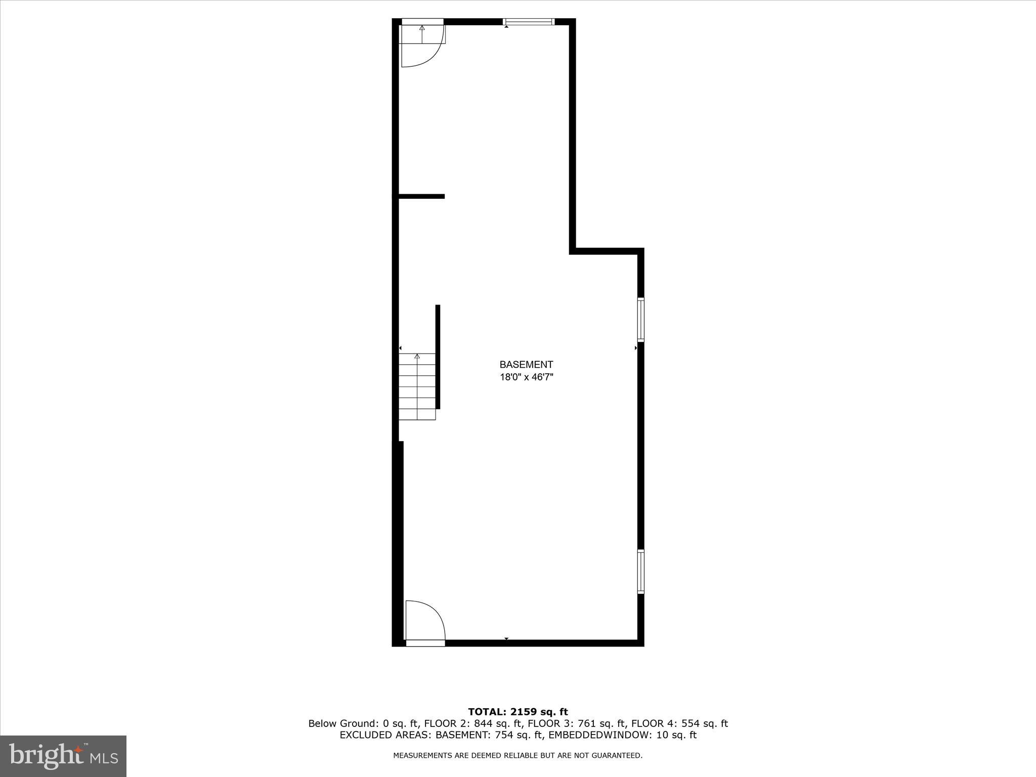 Basement floor plan showing stairs, doors, windows, and room dimensions.