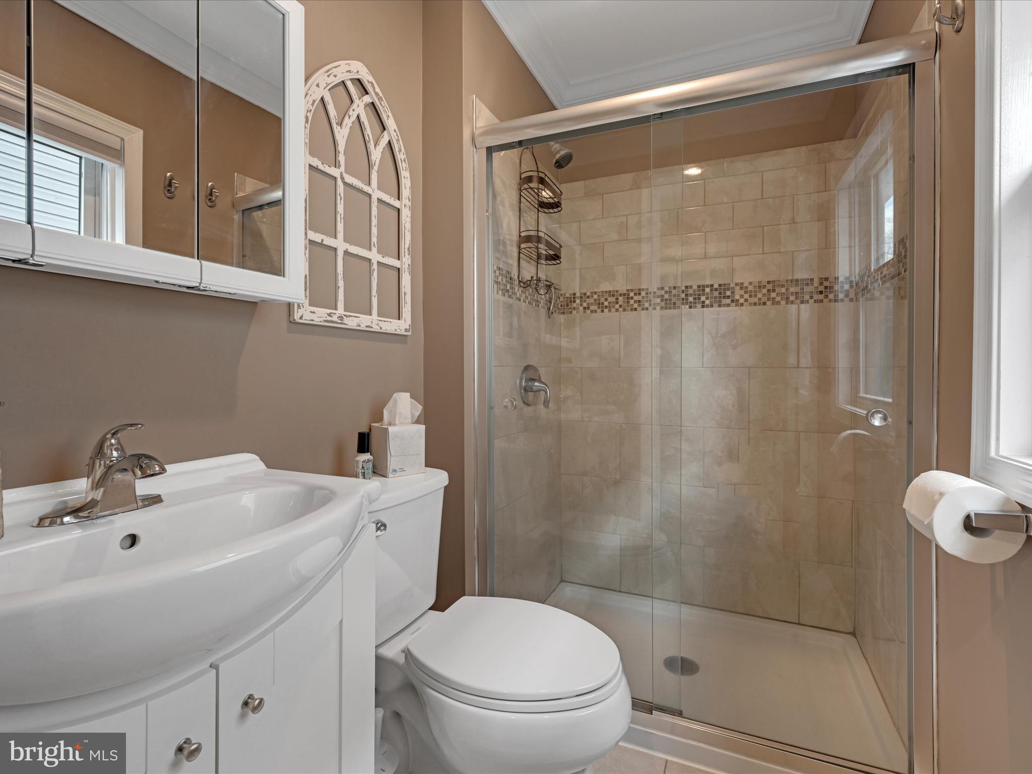 Bathroom with a tiled glass shower, white vanity, and toilet.