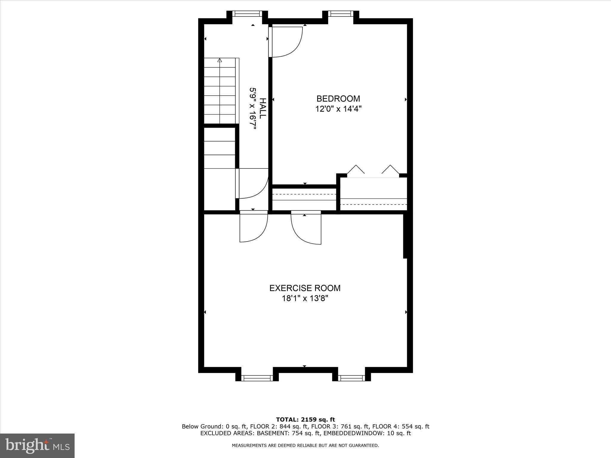 Floor plan showing a bedroom, stair hall, and exercise room with room dimensions.