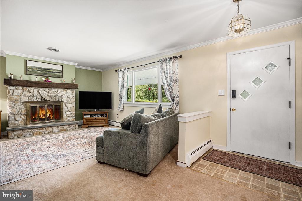 Living room with a stone fireplace, gray sofa, and white entry door with diamond-shaped windows.