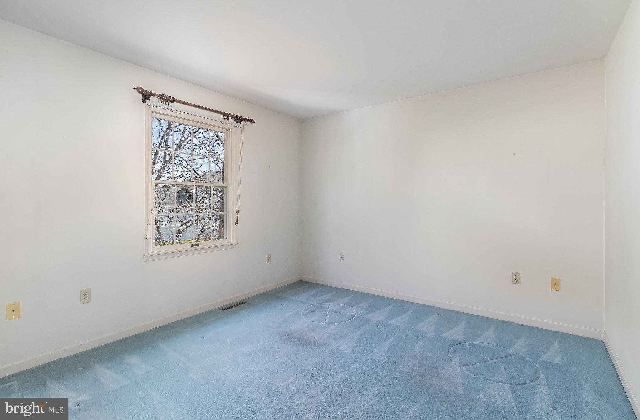 Empty bedroom with blue carpet and a window overlooking leafless trees.