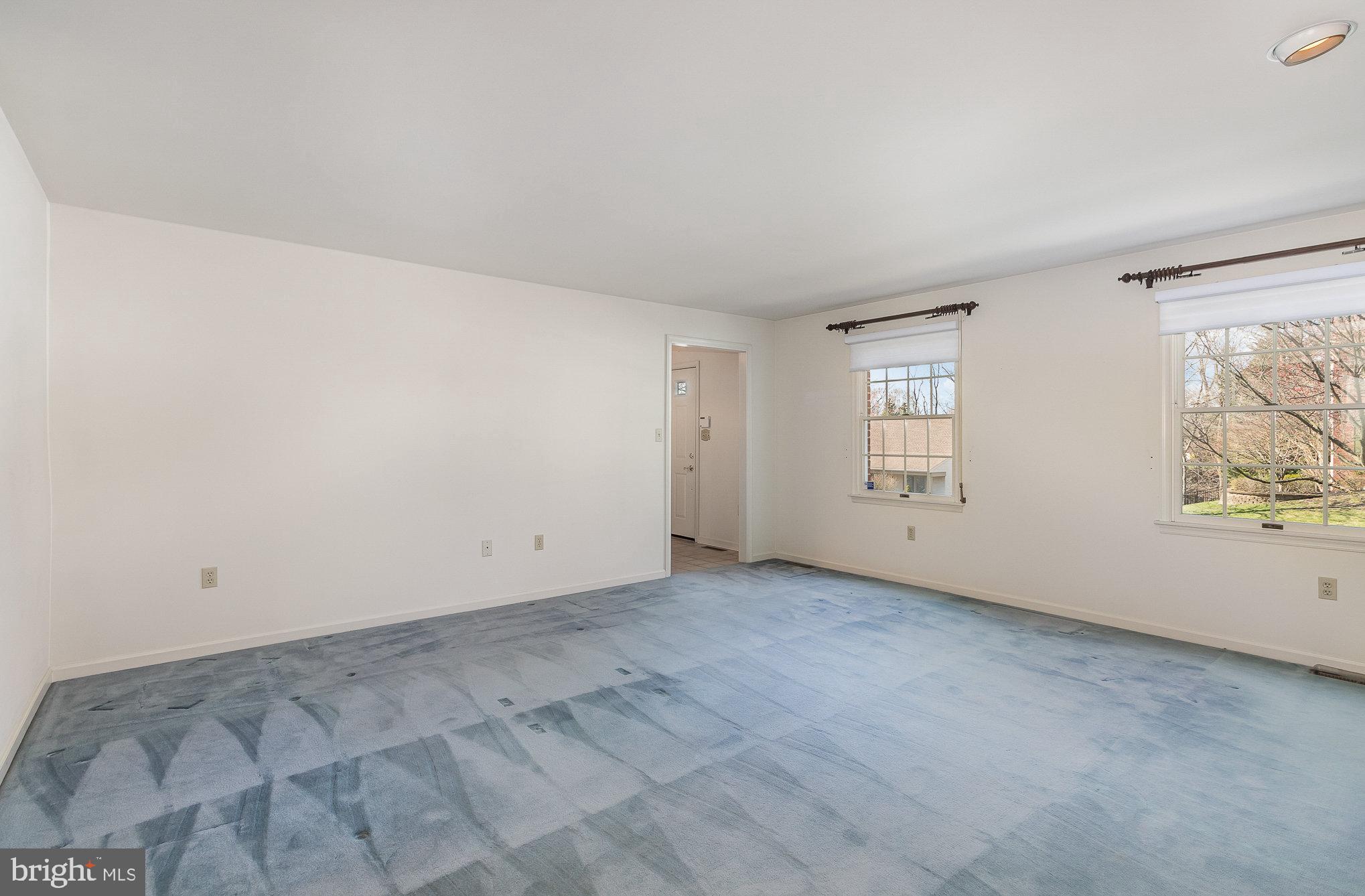 Unfurnished living room with blue-gray carpet and two windows overlooking trees.
