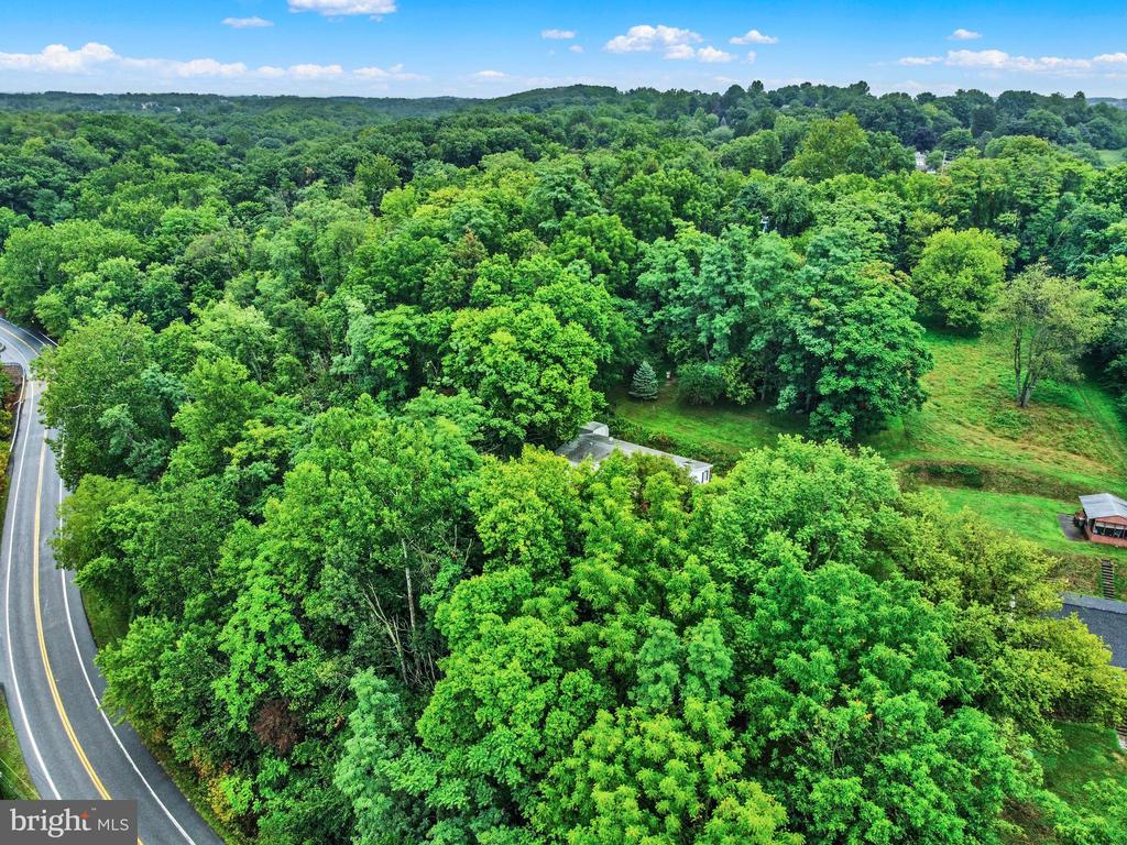 Aerial view of wooded property beside a curving road, with a grassy clearing and small outbuildings.