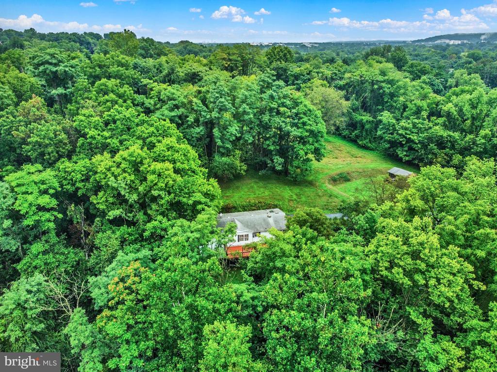 Aerial view of a home nestled among dense trees beside a broad grassy clearing.