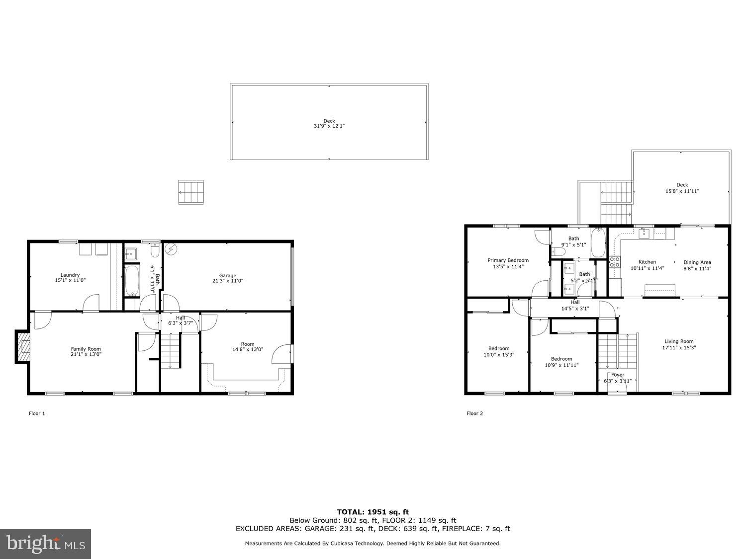 Two-level home floor plan showing room layouts, dimensions, decks, garage, and total square footage.