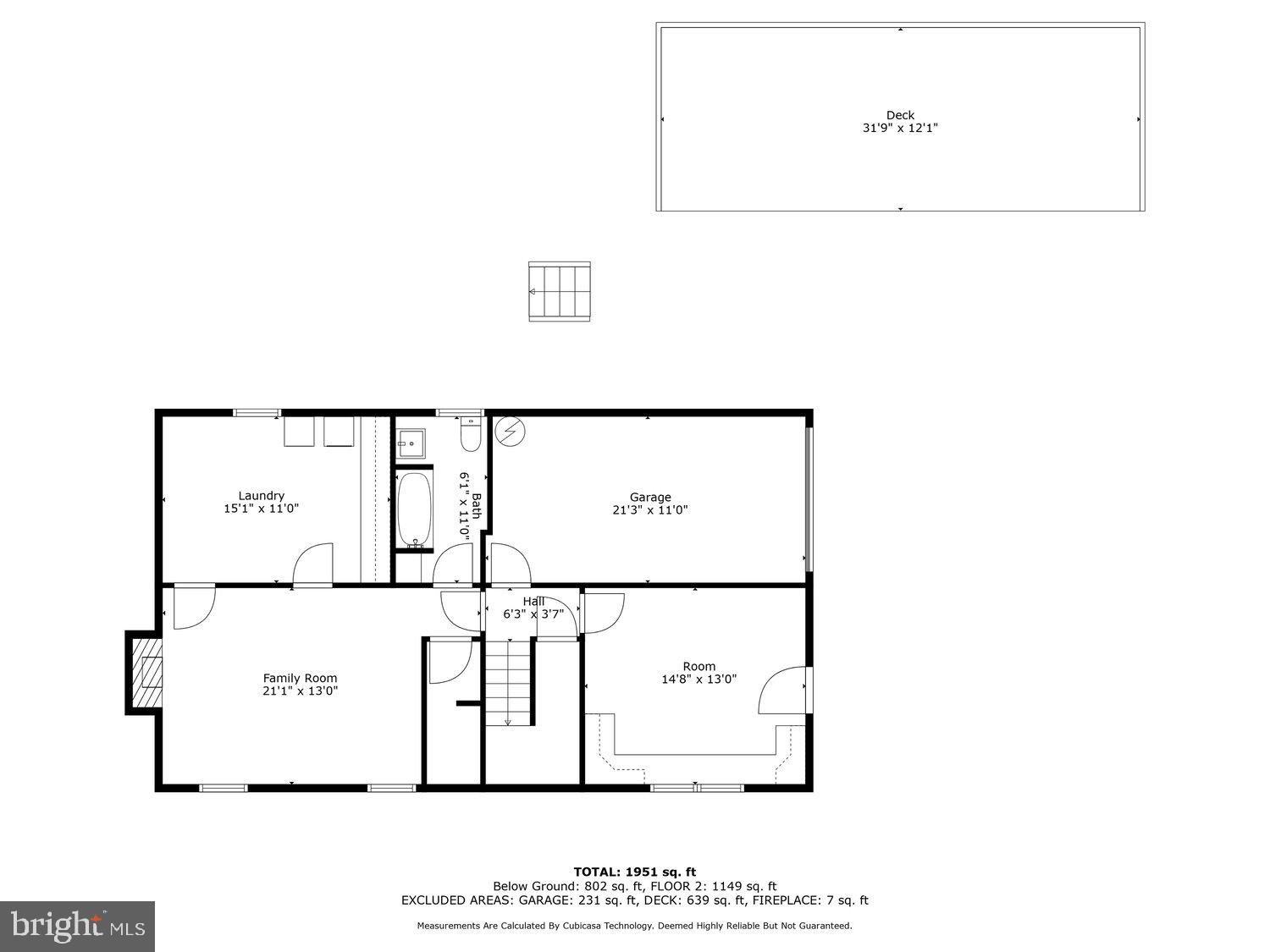 Below-ground floor plan with a family room, laundry, bath, garage, and separately drawn deck.