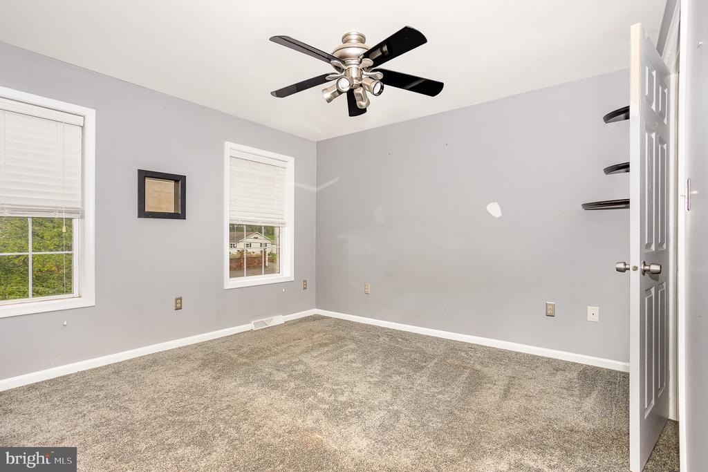 Empty bedroom with beige carpet, gray walls, two windows, and a ceiling fan.