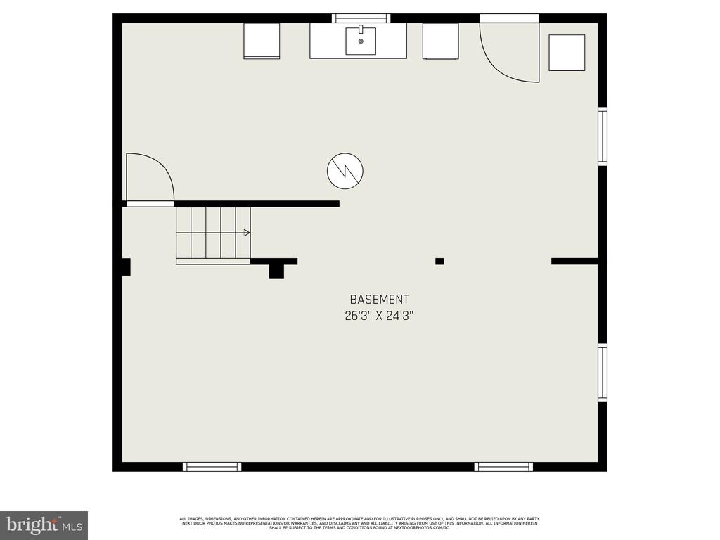 Basement floor plan, 26 feet 3 inches by 24 feet 3 inches, with stairs and a mostly open area.