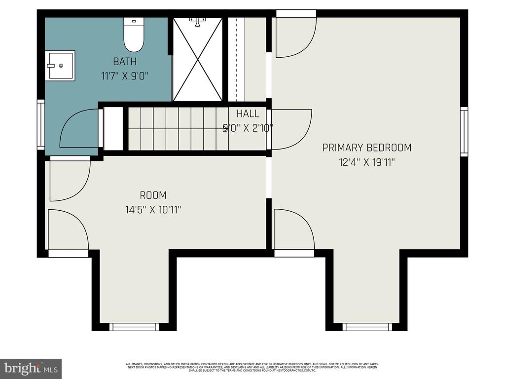 Floor plan showing a primary bedroom, another room, a hall, and a bathroom.