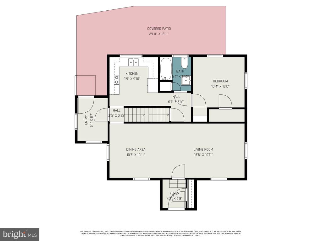 Floor plan showing a one-bedroom home with a large covered patio.