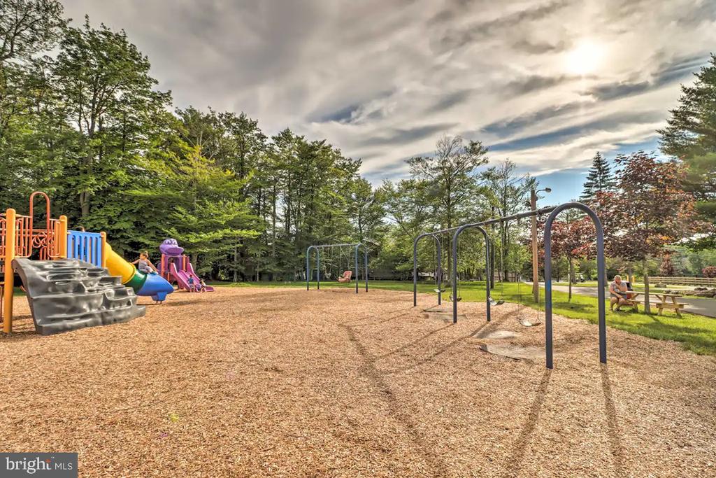 Community playground with colorful slides and swings, surrounded by trees and a picnic table.