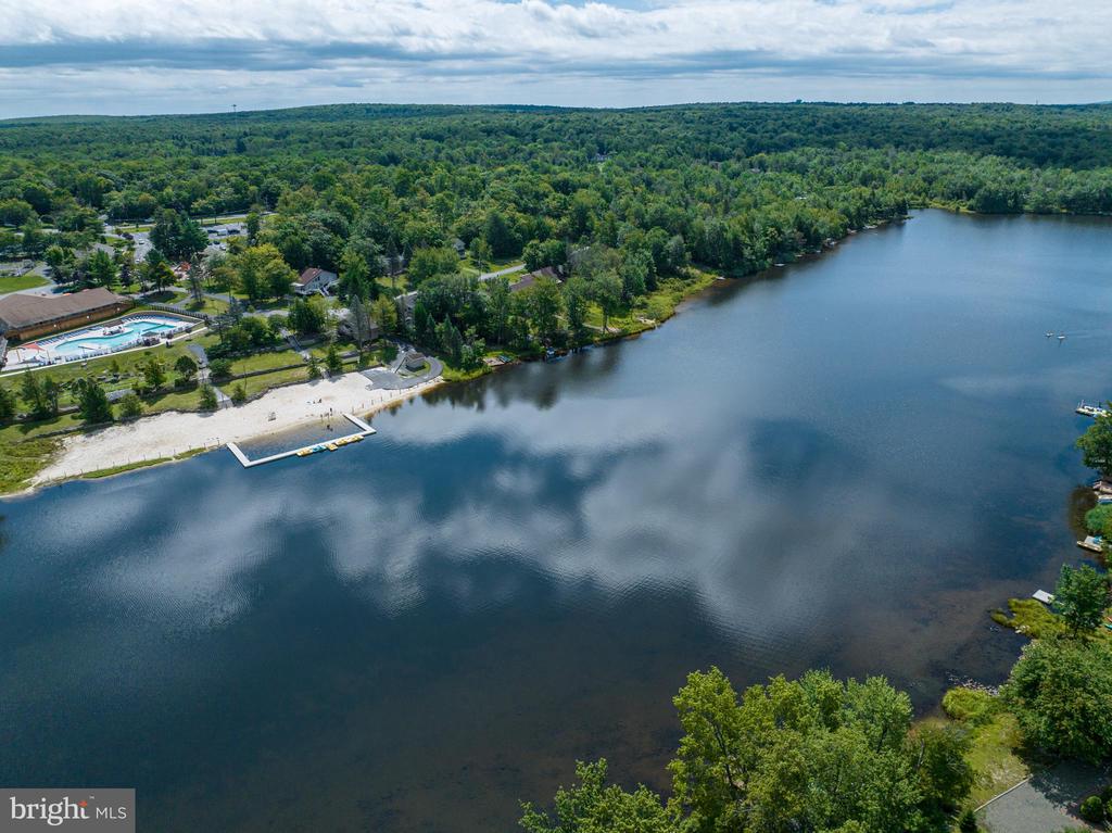 Aerial view of a lake with a sandy beach, dock, and nearby community pool.
