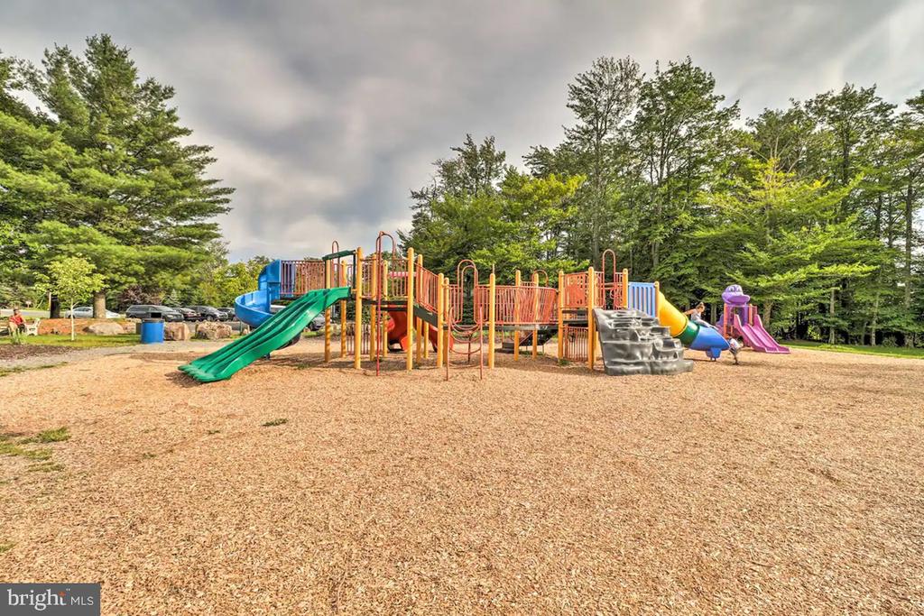 Community playground with colorful climbing structures and slides on a wood-chip surface.