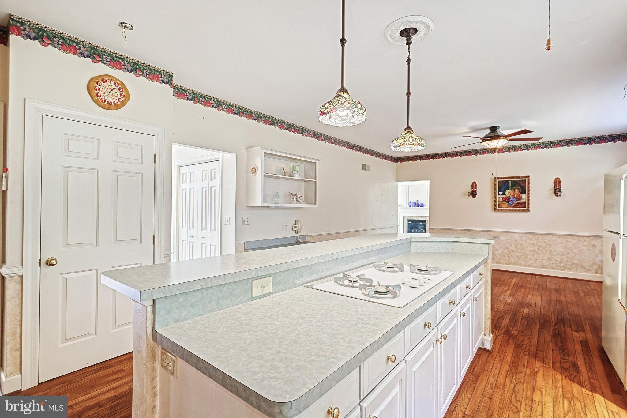 Traditional kitchen with a long white island, gas cooktop, stained-glass pendant lights, and hardwood floors.