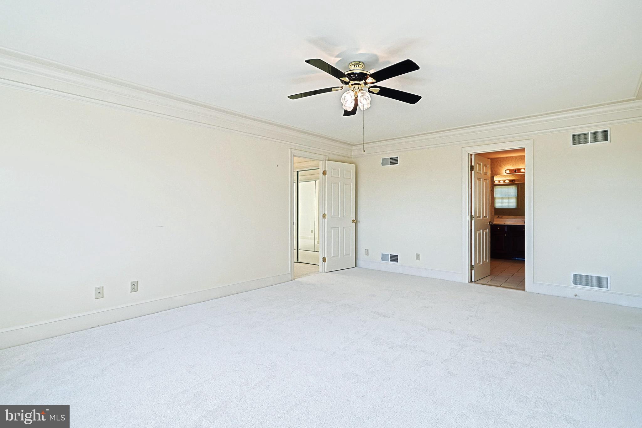 Vacant carpeted bedroom with a ceiling fan and an open doorway to the bathroom.