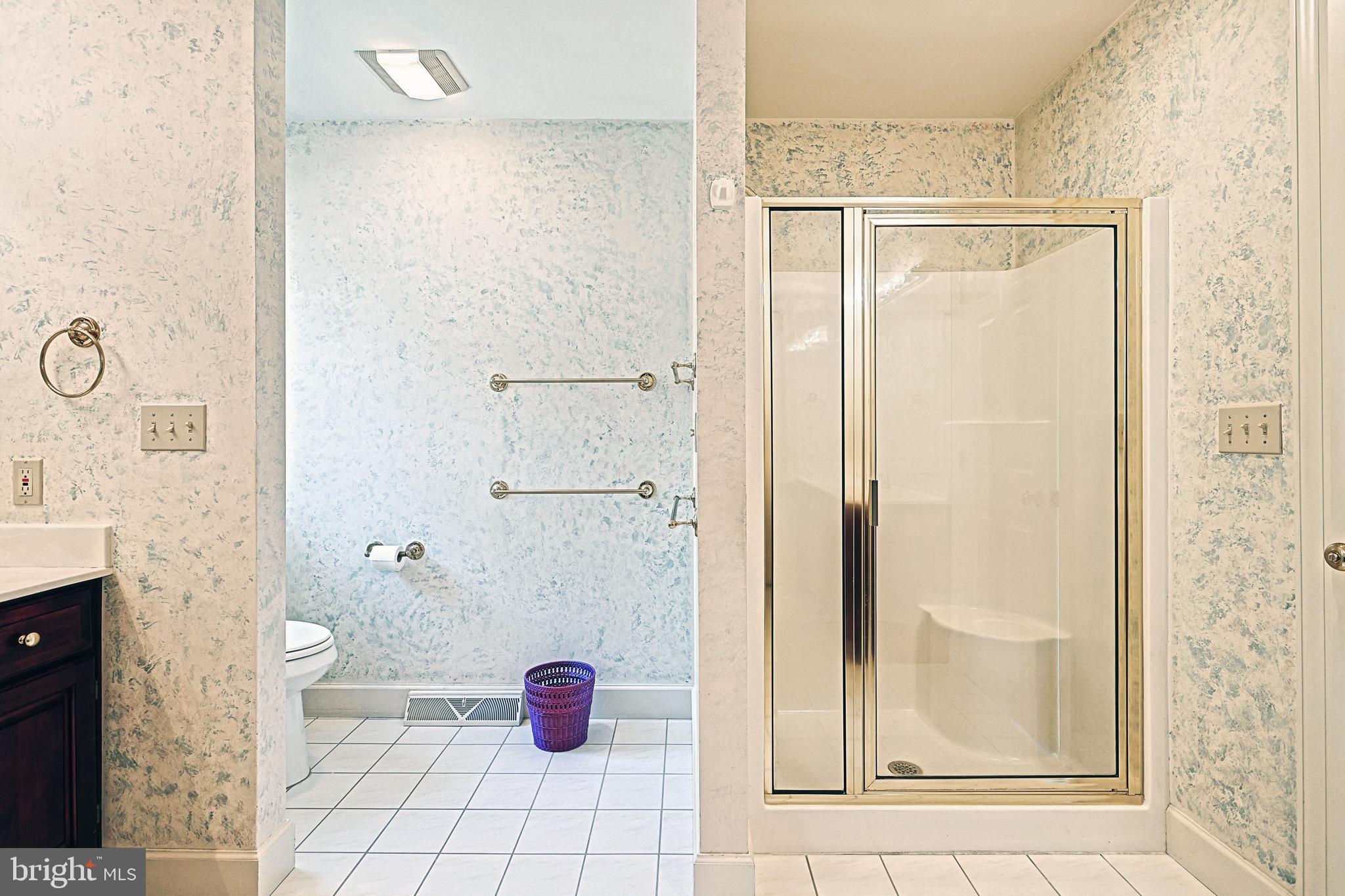 Bathroom with a glass-enclosed shower, grab bars, and a purple wastebasket.