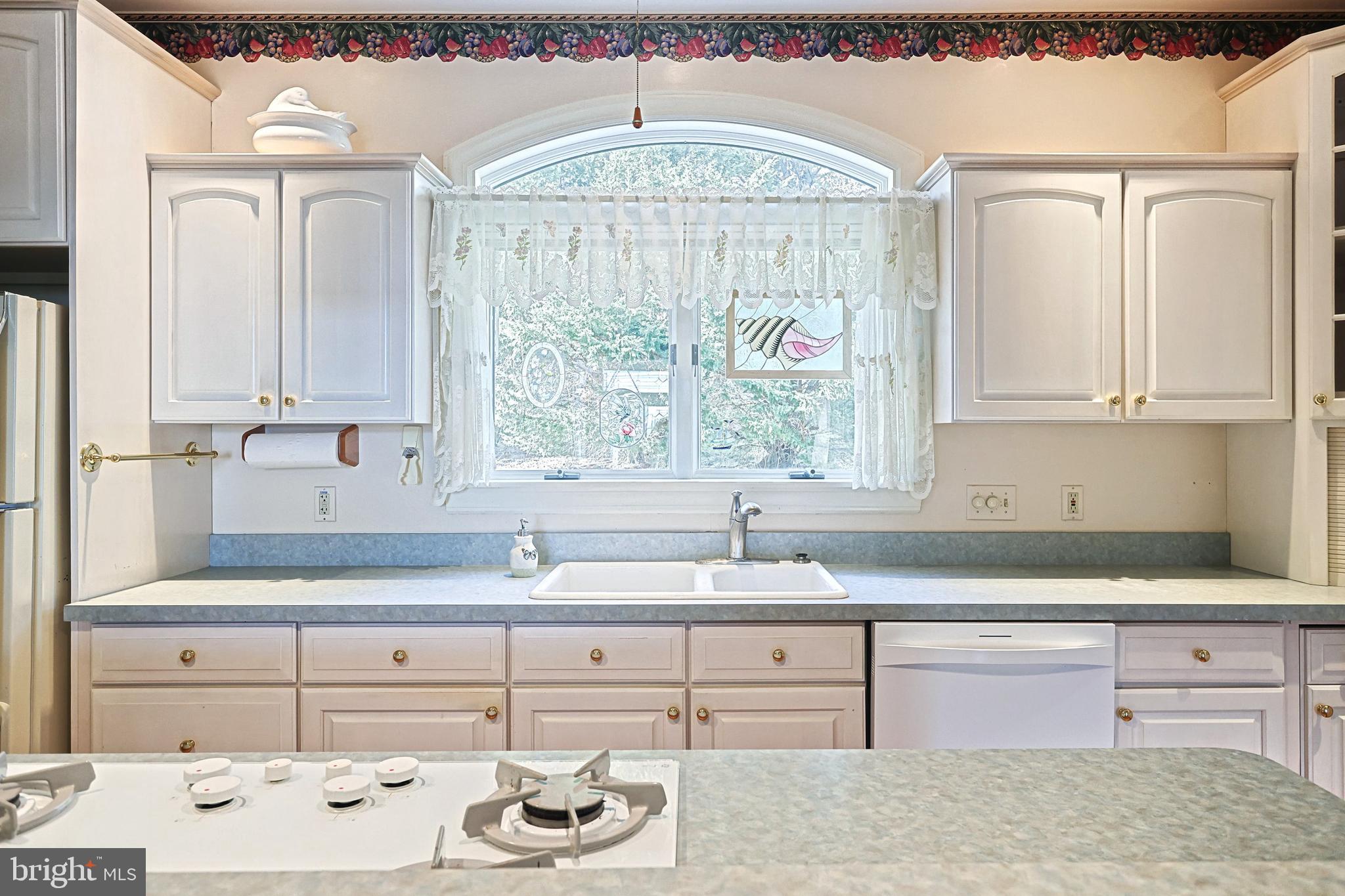 Kitchen with white cabinets, a gas cooktop, and a sink beneath a large arched window.