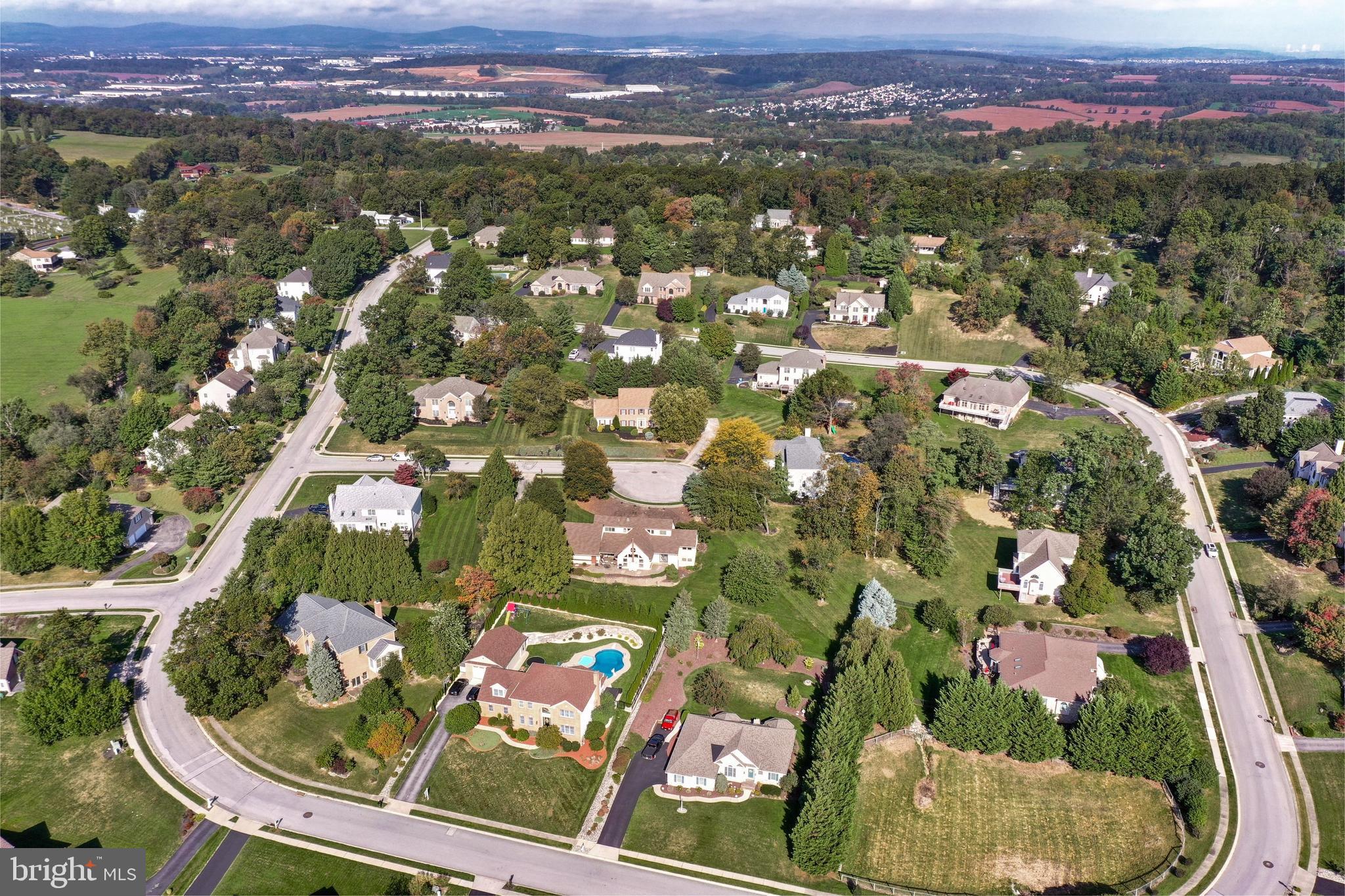 Aerial view of a leafy neighborhood with detached homes, curving streets, and a backyard pool.