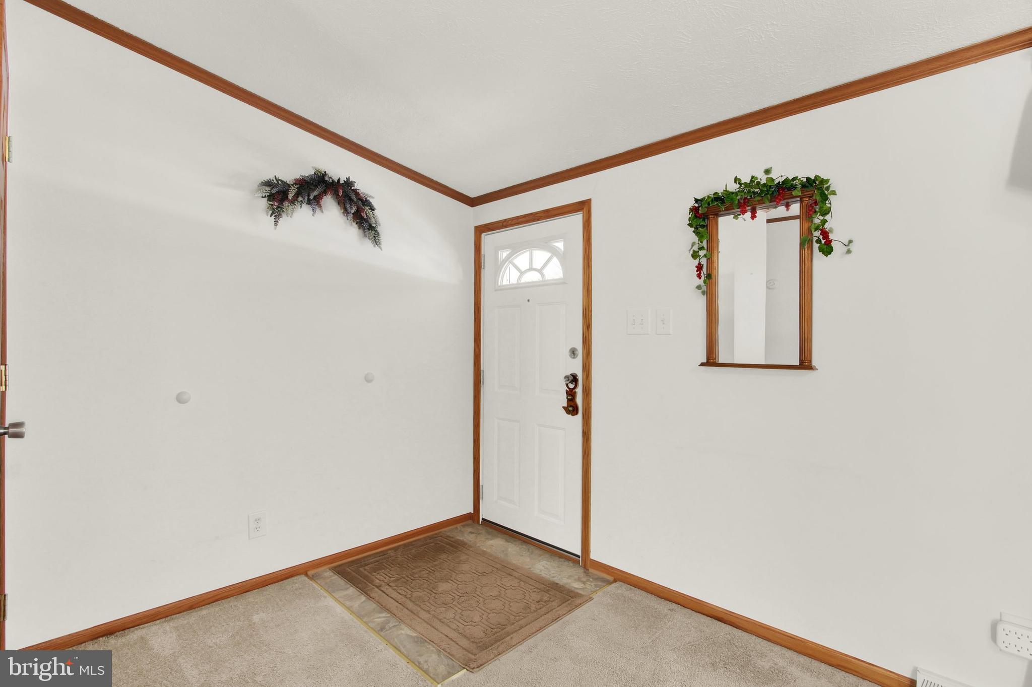 Entry foyer with a white front door, warm wood trim, and a tiled threshold with doormat.