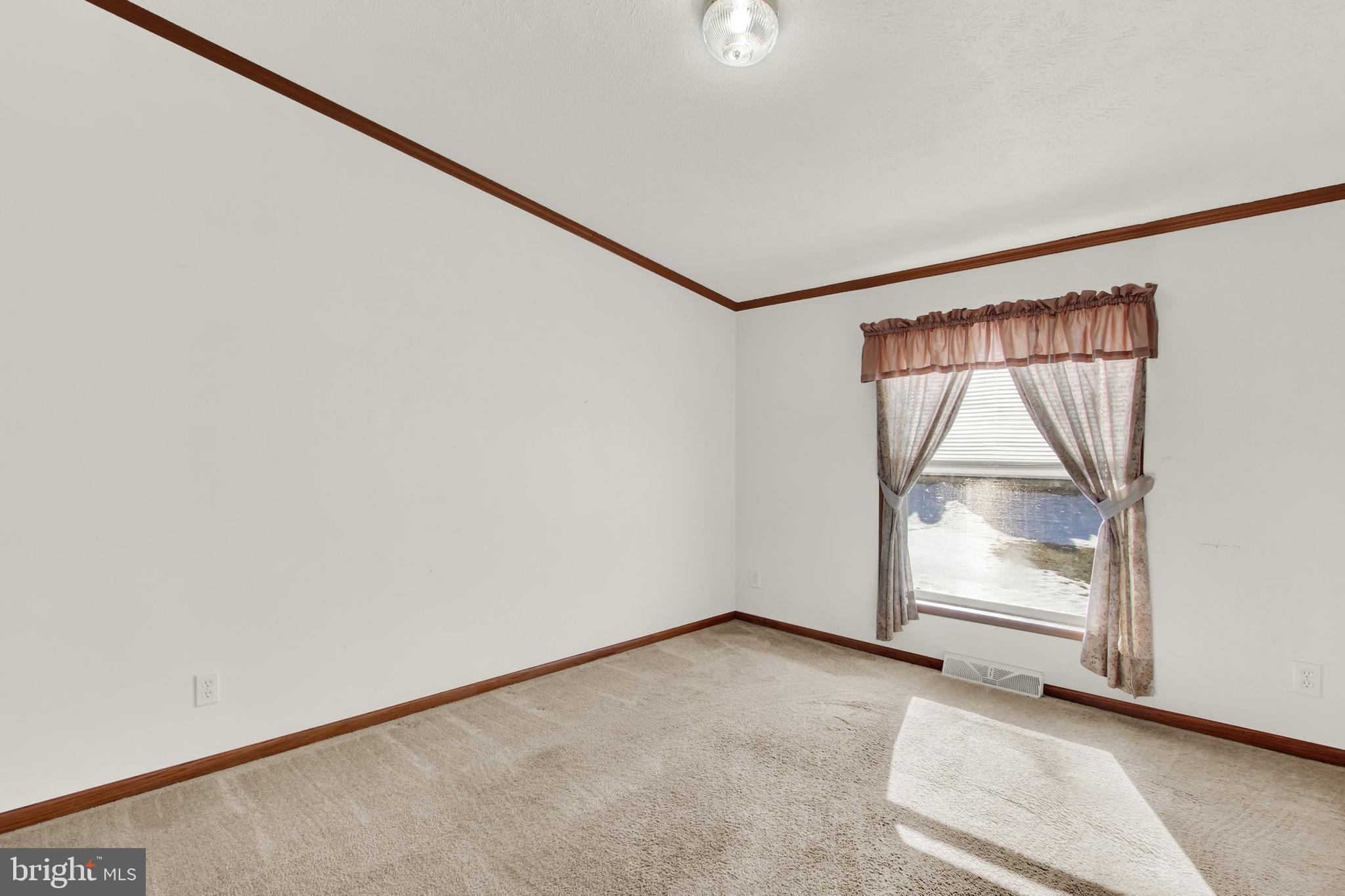 Empty carpeted bedroom with dark wood trim and sunlight through a curtained window.