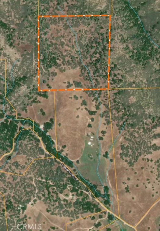 Aerial view of a rural parcel outlined in orange, with scattered trees and a nearby drainage channel.