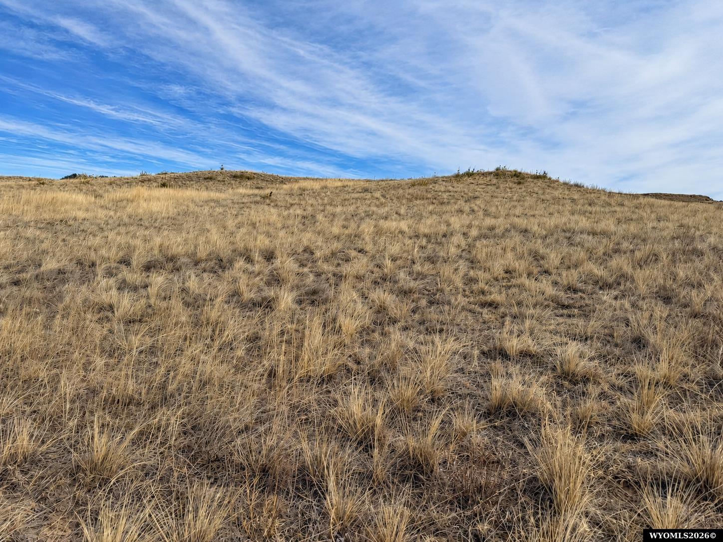 Undeveloped grassy lot with gently rolling terrain beneath a blue, cloud-streaked sky.