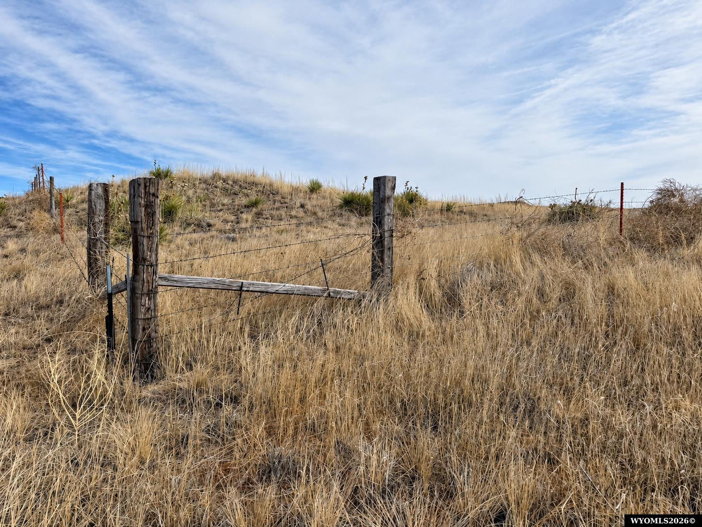 Vacant grassy lot with dry prairie grass and a weathered wooden fence.