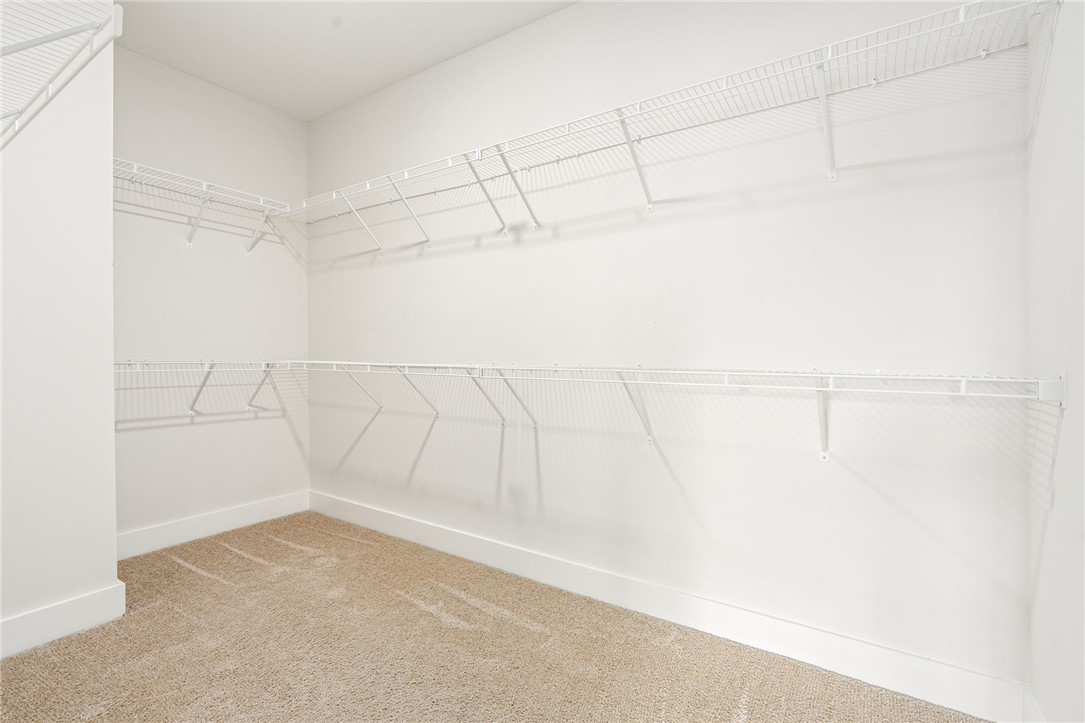 Empty walk-in closet with white wire shelving and beige carpet.