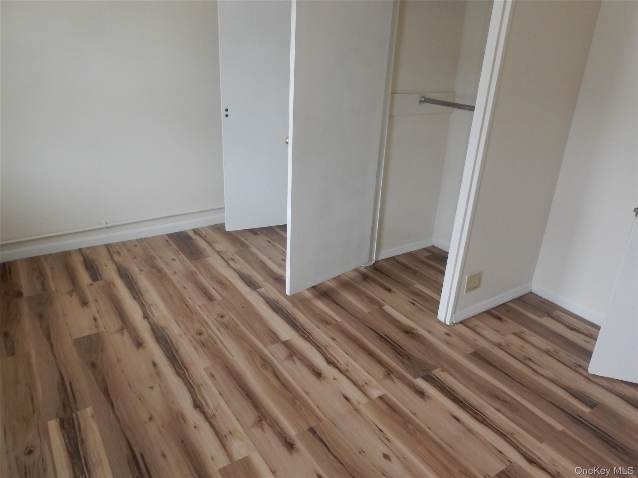 Unfurnished room with multitone wood-plank flooring and an open closet.