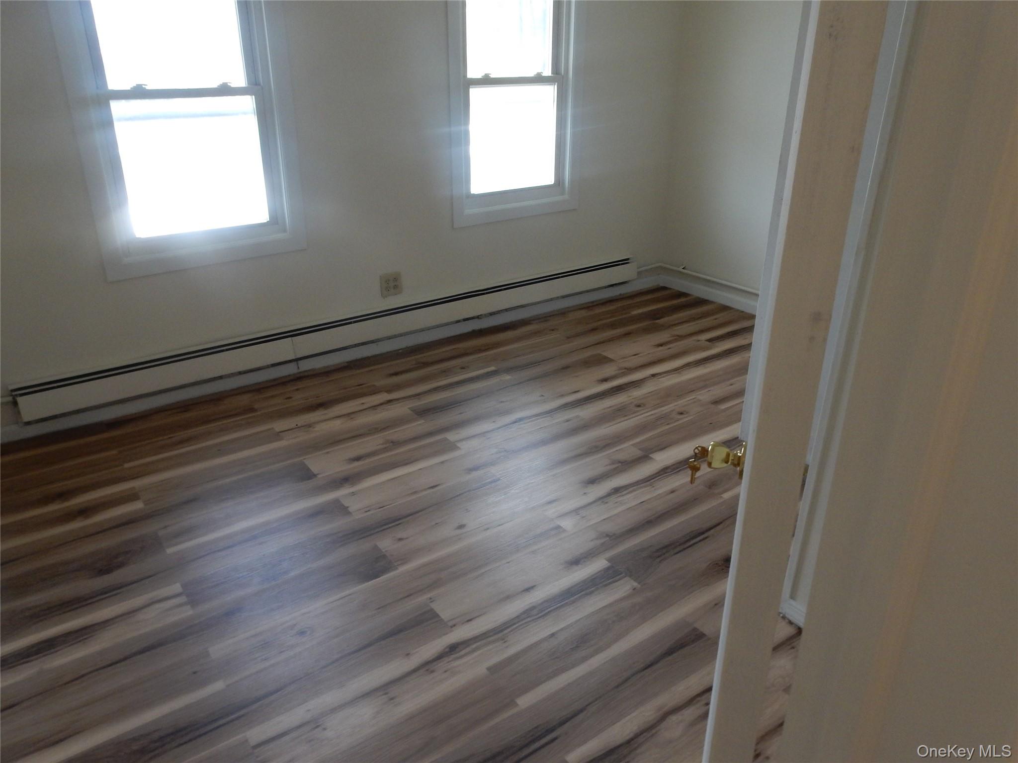 Empty room with two windows, a long baseboard heater, and variegated plank flooring.