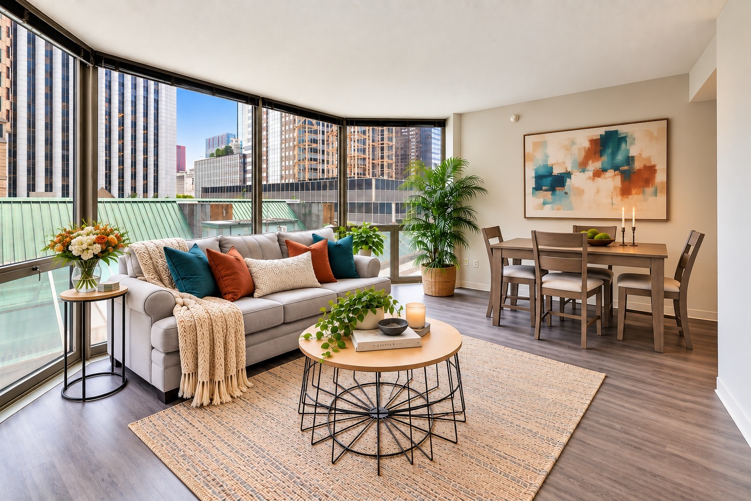 Furnished condo living room with corner windows overlooking downtown Chicago buildings.
