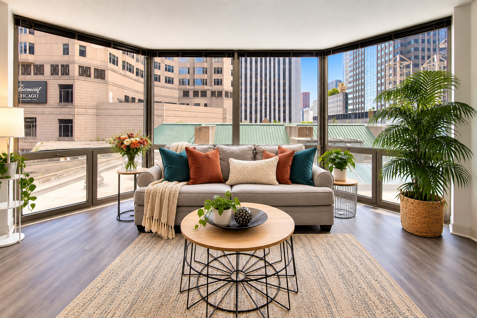 Living room with a gray sofa and corner windows overlooking downtown Chicago buildings.
