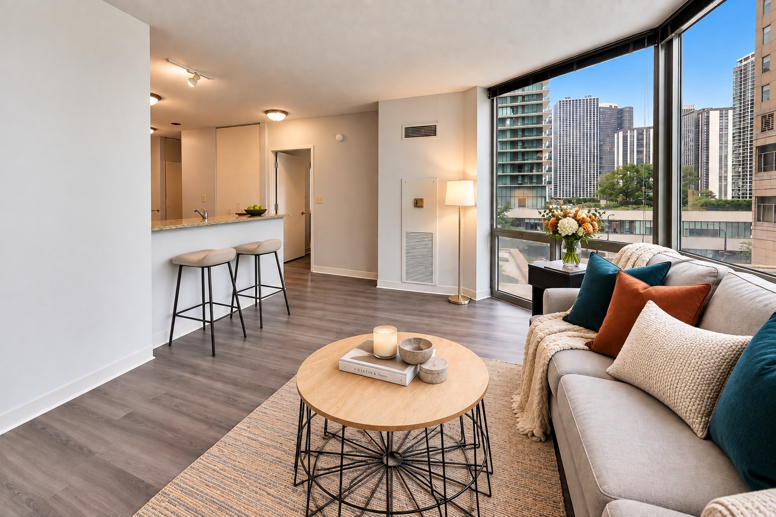 Furnished condo living room with an open kitchen, breakfast bar, and high-rise city views.