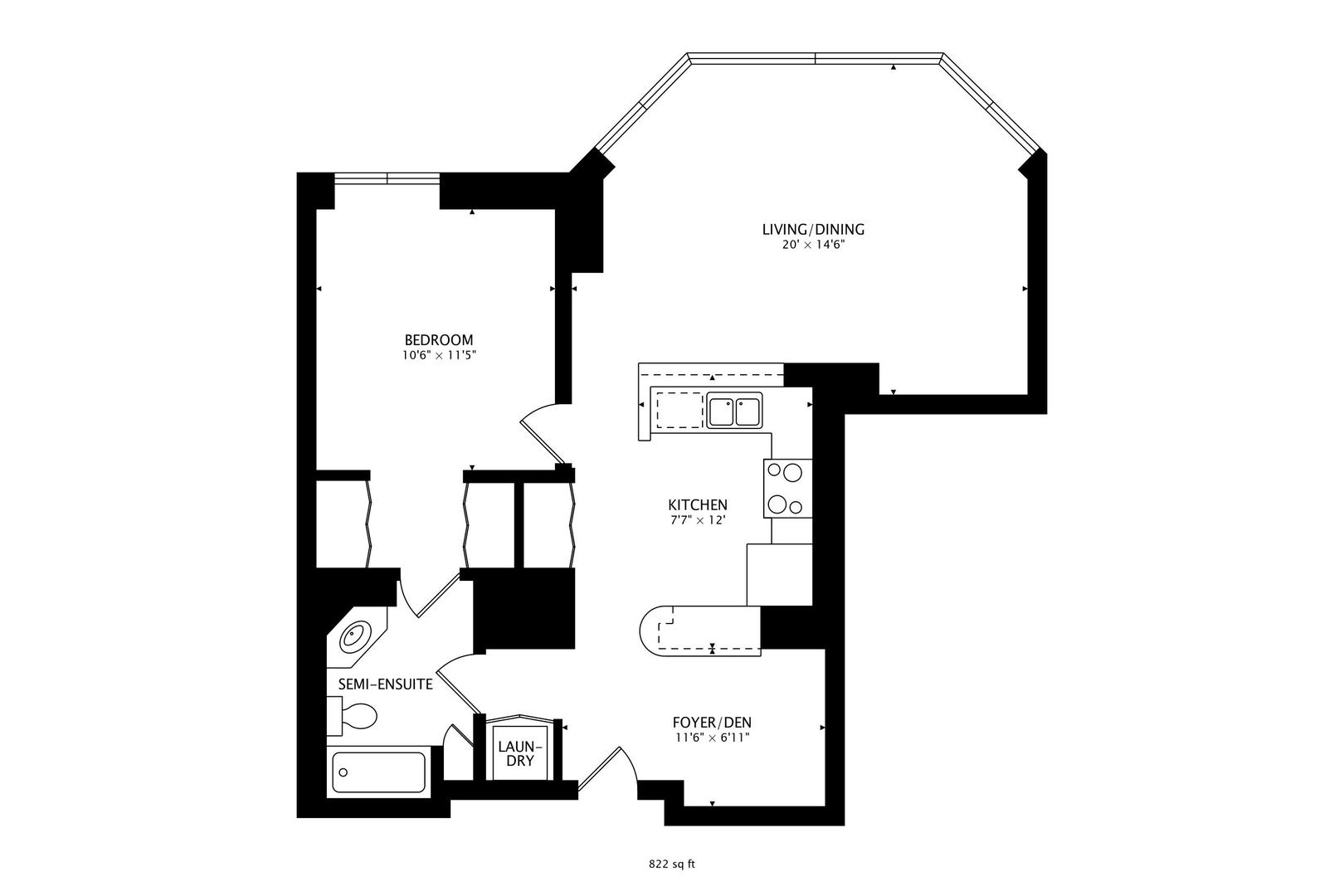 Condo floor plan with one bedroom, living/dining area, kitchen, semi-ensuite, laundry, and foyer/den; 822 sq ft.
