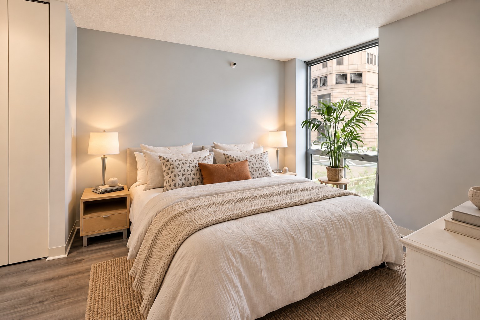 Staged bedroom with a large bed and potted palm beside a floor-to-ceiling window.
