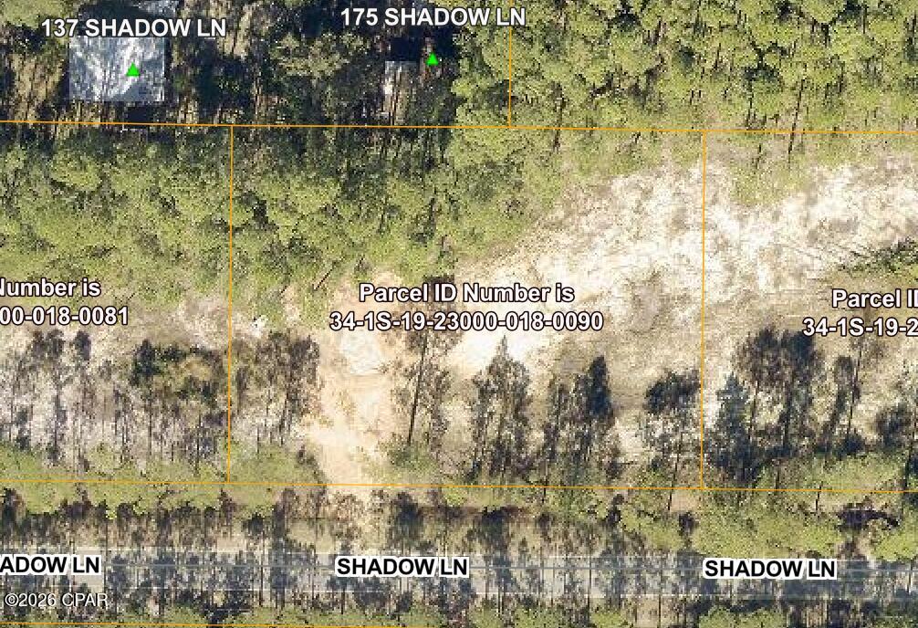 Aerial view of a wooded Shadow Lane parcel outlined with orange boundary lines and parcel ID.