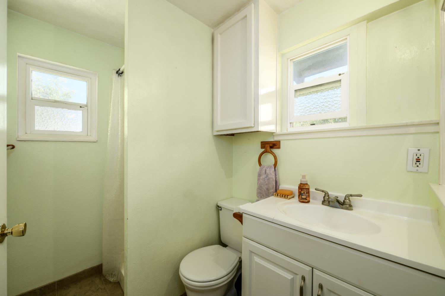 Bathroom with a white vanity and toilet, pale green walls, and two windows.