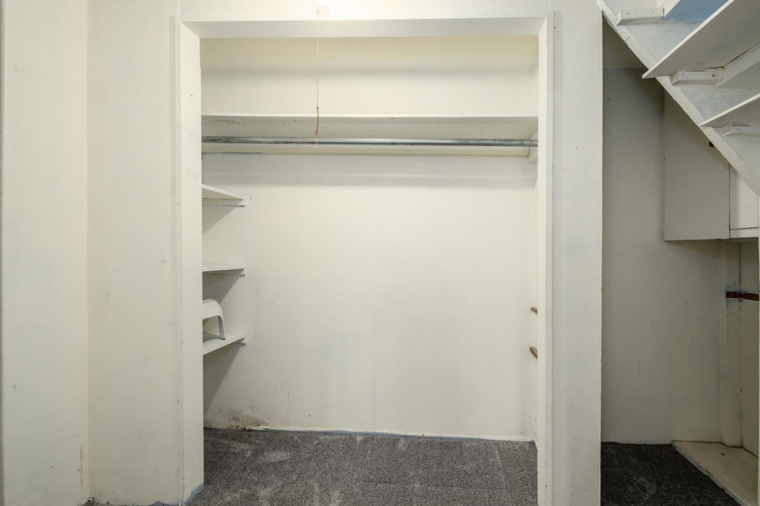 Empty carpeted closet with a clothes rail and built-in shelves beside a staircase.